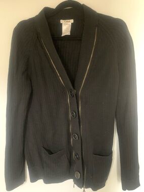 Chloé Black Ribbed Button-Front Cardigan with Subtle Contrast Trim